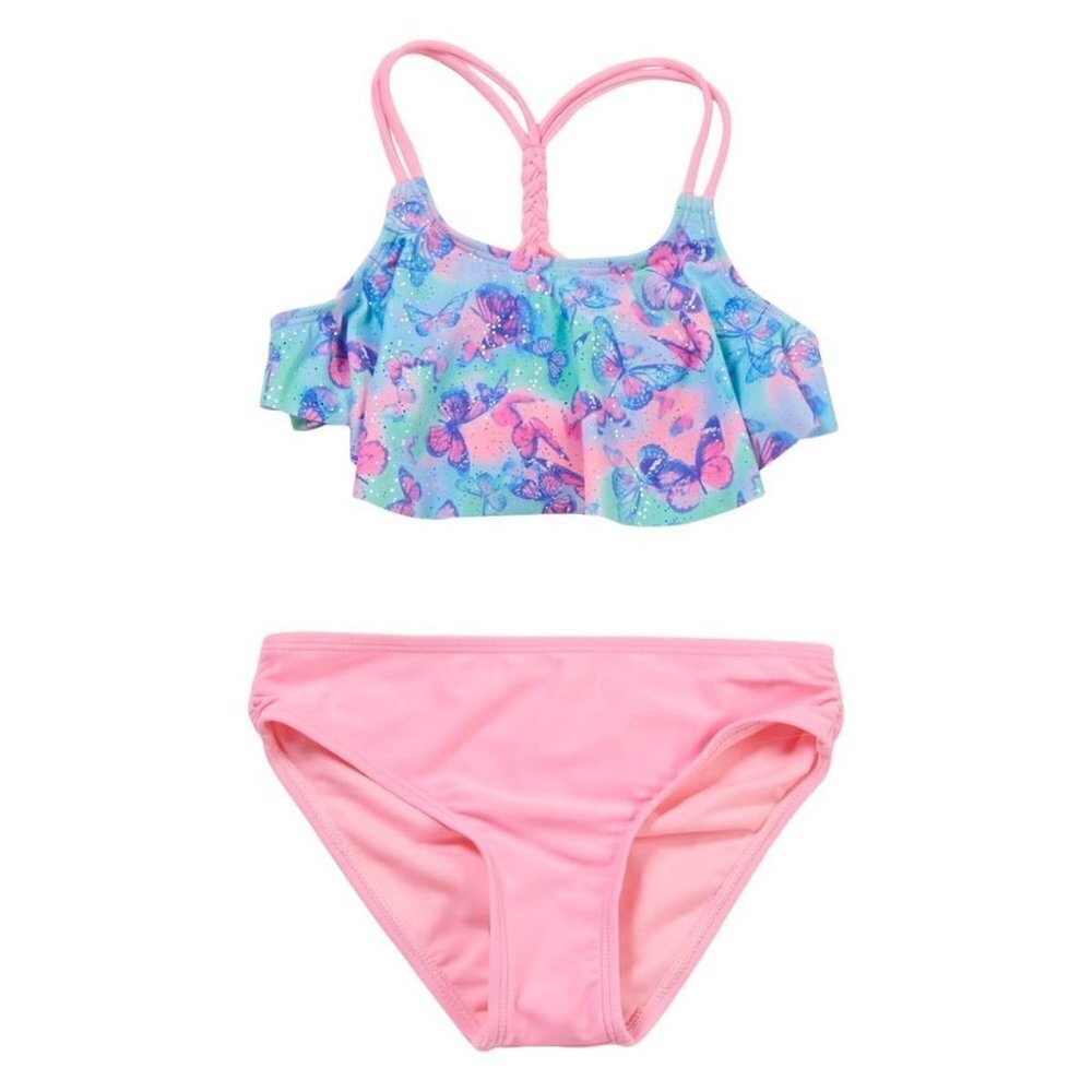 Limited Too Girl's Butterfly Flounce 2 Piece Bikini Swim Set - Pink/Blue